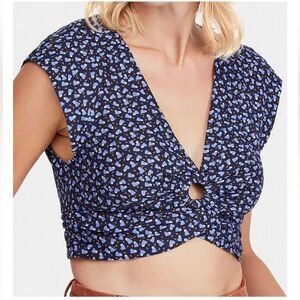 Free People Havana Honey V Neck Linen Heart Boho Cottage Crop Top Size XS